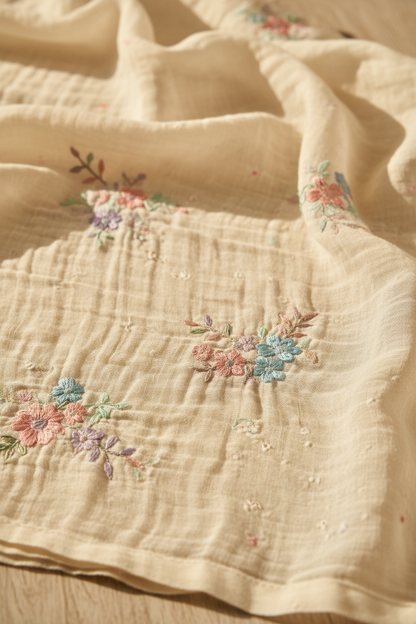Close-up of MulMul fabric and floral embroidery detail