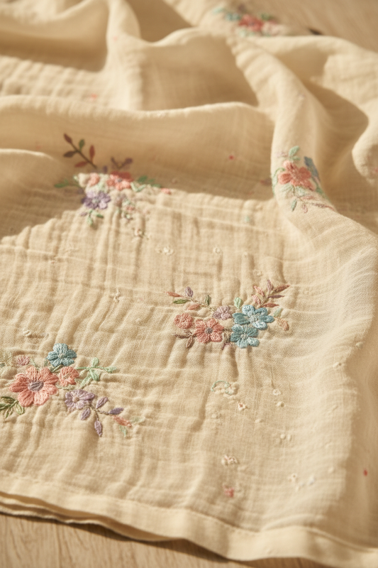 Close-up of MulMul fabric and floral embroidery detail