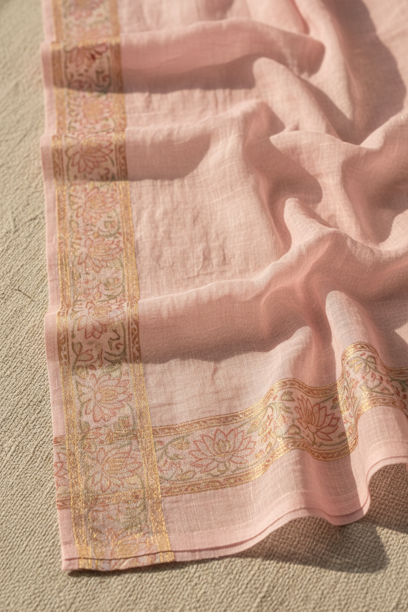 Close-up of MulMul saree fabric and printed border