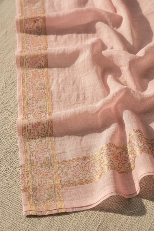 Close-up of MulMul saree fabric and printed border