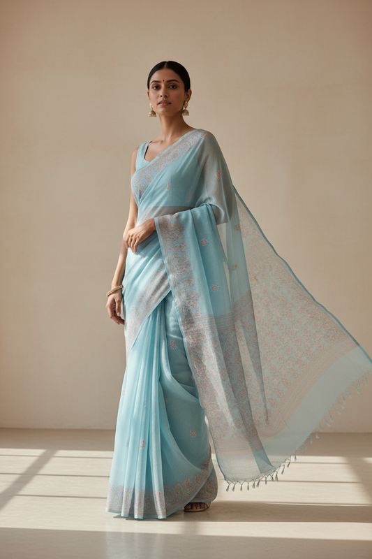 Sheer MulMul cotton saree in pastel pink