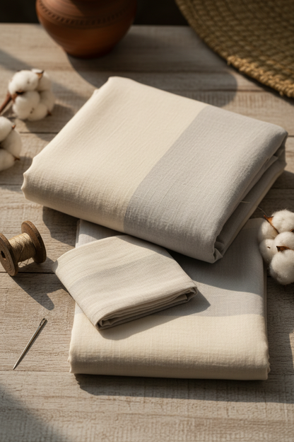 Muslin cotton unstitched fabric set flat lay in ivory