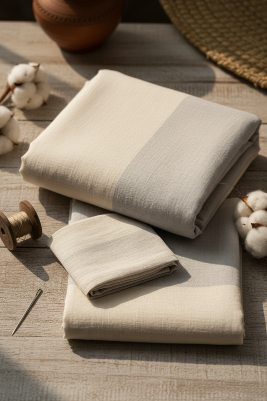 Muslin cotton unstitched fabric set flat lay in ivory