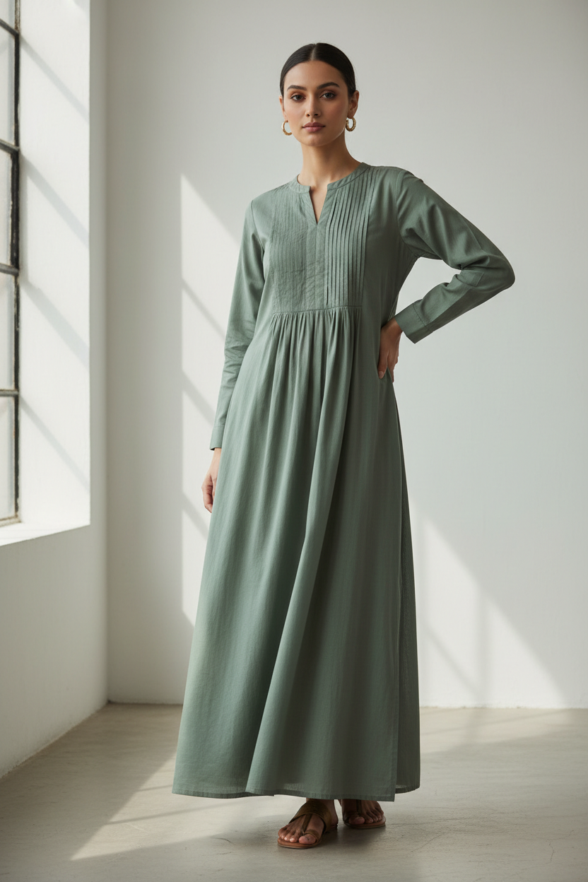 Sage green pintuck cotton long kurta front view