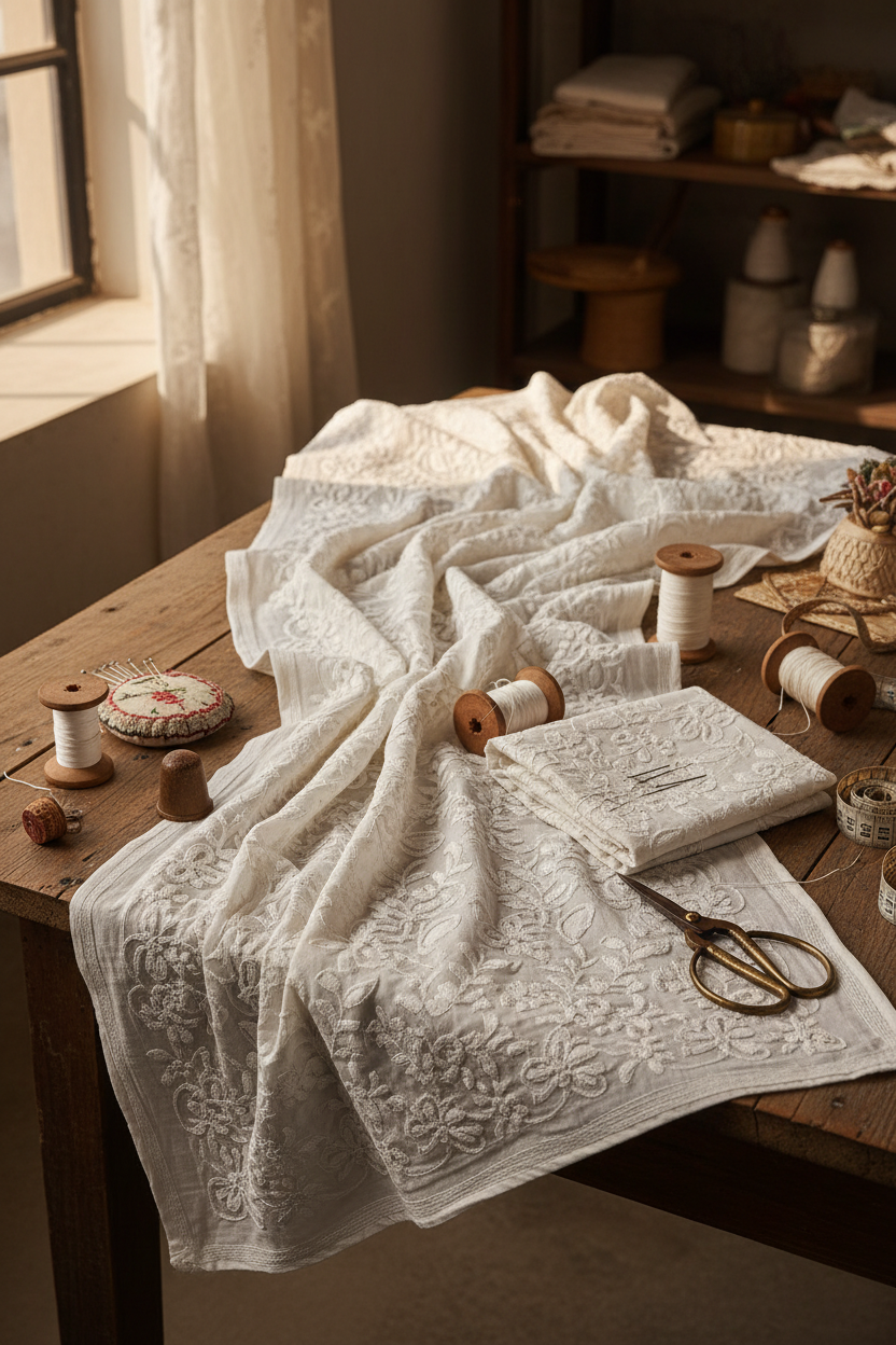 Chikankari unstitched fabric set styled with artisan tools