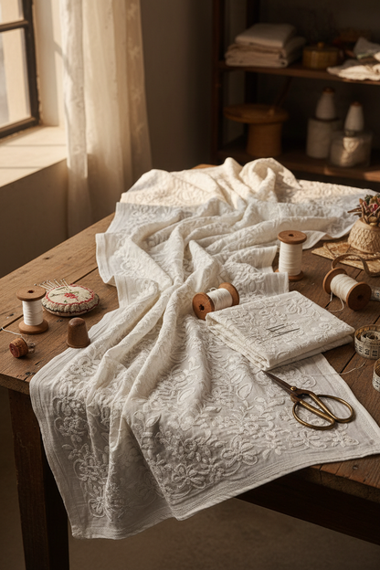 Chikankari unstitched fabric set styled with artisan tools